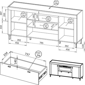 Wymiary: Komoda z kominkiem MOSSO 07K