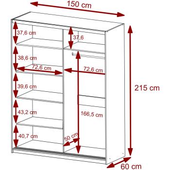 Wymiary: Szafa przesuwna z lustrem VALTURA 150cm