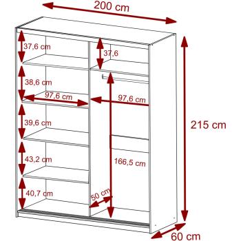 Wymiary: Szafa przesuwna z lustrem VALTURA 200cm