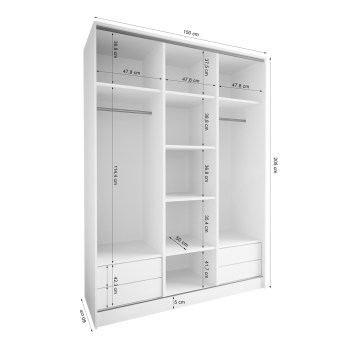 Wymiary szafy przesuwnej z lustrem i szufladami NOVI D 150 